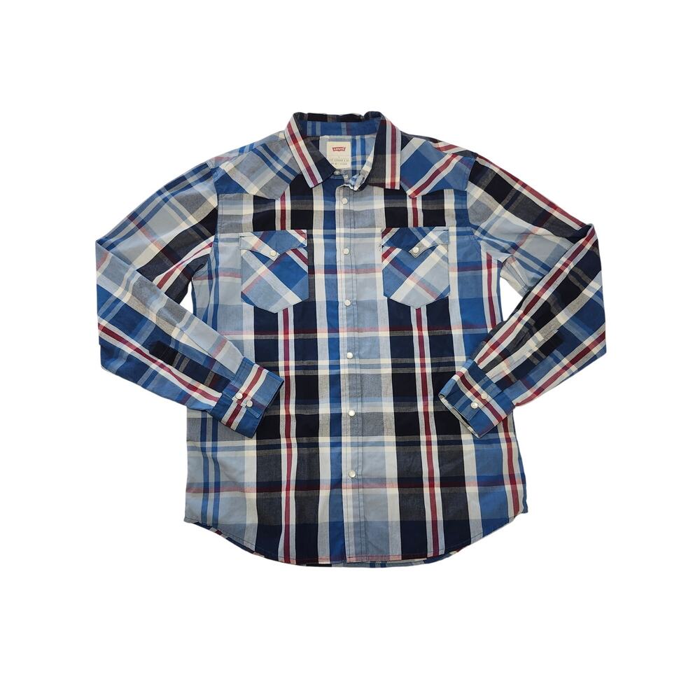 Levi's Men's Pearl Snap Plaid Western Shirt Blue Sz L